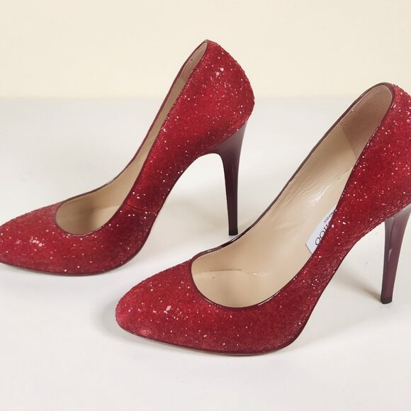Jimmy Choo Shoes - Jimmy Choo Red Glitter Almond-Toe Stiletto Platform Heels